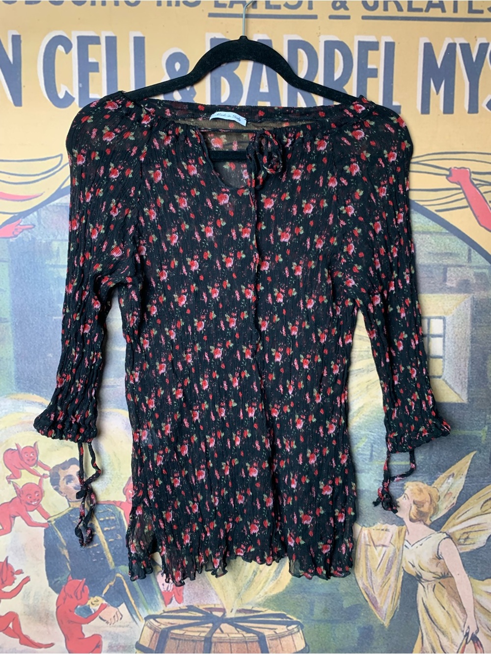 Made In Italy Sheer Black Floral Stretchy Adjustable Blouse Beach Coverup